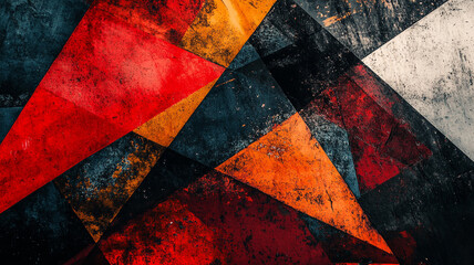 Poster - Abstract geometric pattern with bold red, orange, and black triangular shapes on a textured surface