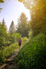 Wall Mural - pretty senior woman hiking in warm dawn sunlight and enjoying the spectacular view over the Allgau alps on the Nagelfluh mountain chain near Oberstaufen, Bavaria, Germany