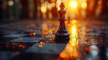 A side view of a chessboard with the final move in progress, the queen moving to checkmate the king, with warm, golden light casting long shadows, highlighting the brilliance of strategic success,