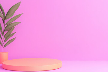 Wall Mural - modern minimalist display, vibrant pink backdrop, sleek circular platform, elegant potted plant, inv