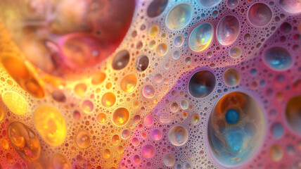 Poster - Colorful bubbles and droplets create a vibrant pattern on a surface in a close-up view