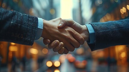 A close-up of a firm handshake between two business professionals, set against a backdrop of a sleek, modern office with glass walls, natural sunlight streaming in,