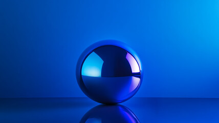 Poster - Shiny blue sphere reflecting light on a smooth surface in a dimly lit environment