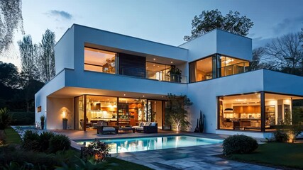 Poster - Luxury contemporary architecture house with pool and garden