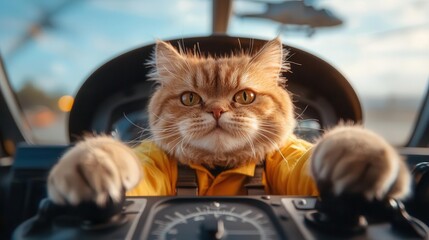 A playful cat dressed as a pilot, confidently flying a helicopter, showcasing a whimsical and humorous scene.