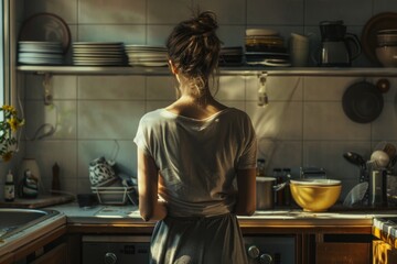 Rear view of a woman standing in the kitchen washing dishes