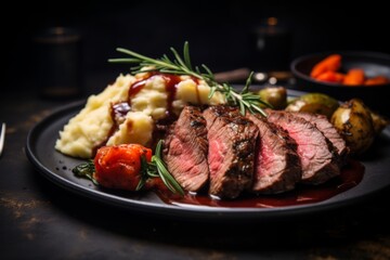 Wall Mural - Close up of sliced roast beef with vegetables