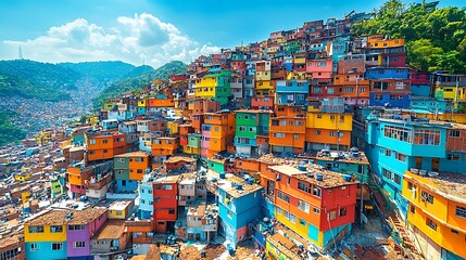 Wall Mural - An aerial view of the colorful favelas in Rio de Janeiro, with tightly packed houses creating a vibrant mosaic of colors and patterns across the hillside