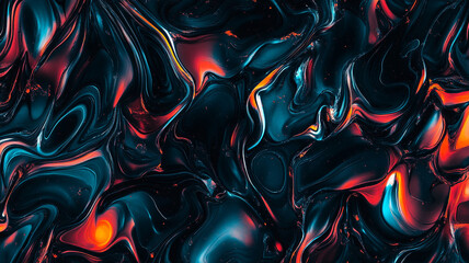 Poster - Colorful abstract fluid pattern with dark blue and red swirls on a black background