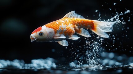 Wall Mural - Koi fish jumping out of the water, fresh and dynamic, dark background