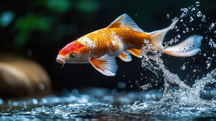 Wall Mural - Koi fish jumping out of the water, fresh and dynamic, dark background