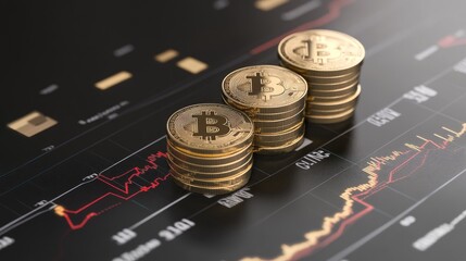 Poster - Bitcoin stacks placed on a surface with market analysis graphs, symbolizing the intersection of technology and finance.
