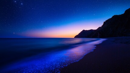 Poster - A starry night sky over a dark blue ocean with a sandy beach and a mountain in the background.