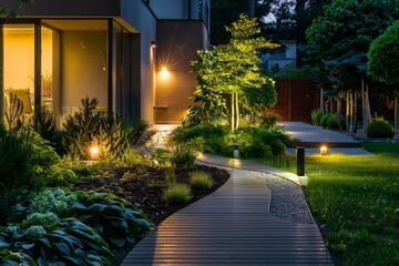 Wall Mural - Modern gardening with illuminated pathway to a house