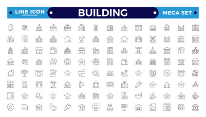 Building web icons in line style. Hotel, hospital, apartment, city, town house, mall, coffee, collection. Editable stroke outline icon. 