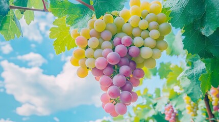 A bunch of pink and green grapes hang from a vine against a blue sky with white clouds.