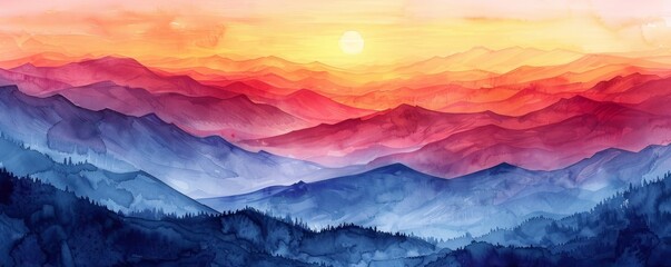 Wall Mural - Watercolor abstract sunrise over mountains with light rays on white.