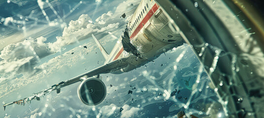 Poster - Tense and Chaotic Moment Captured Mid-Air Through Broken Plane Window with Visible Wings