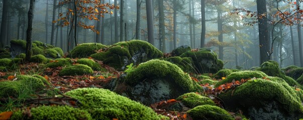 Wall Mural - Moss-covered rocks in an autumn forest