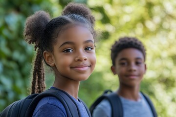 Portrait of a young African American girl with her hair in two buns, wearing a backpack and smiling, with a boy in the background.