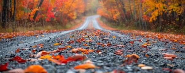 Wall Mural - Autumn leaves on a gravel road