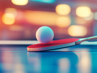 Wall Mural - Table tennis paddle and ball resting on a ping pong table, representing sports and leisure activities with a focus on simplicity and minimalism