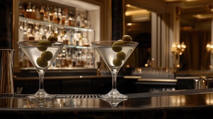 Two martinis with olives, served in crystal-clear glasses on a sleek bar counter, highlighting the refined and luxurious ambiance.