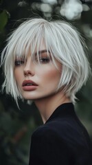 Wall Mural - close-up portrait of a female model with smoky white hair in a bob-cut pixie