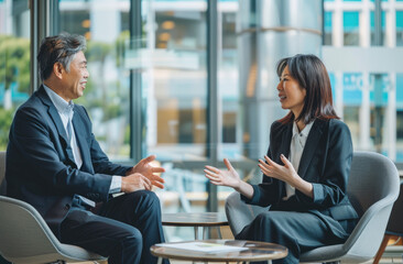 Wall Mural - A Japanese business man and woman in their thirties are having an interview. The two people, wearing suits, are sitting on chairs facing each other while talking to one another.