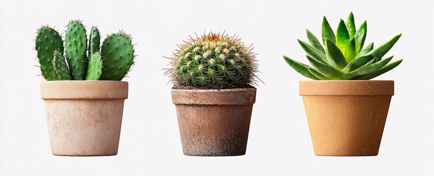 Three potted cacti of different types on a white background