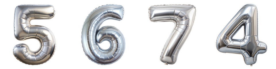 Wall Mural - Silver foil number balloons in sequence 5, 6, 7, and 4 on a transparent background for party decoration and celebration themes.