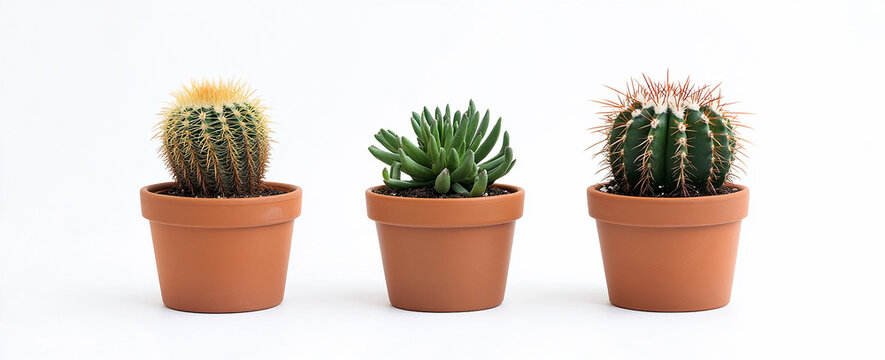 Three potted cacti of different types on a white background
