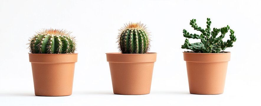 Three potted cacti of different types on a white background