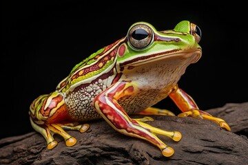 Photo of a colourful frog isolated against a black background, emphasising the frog's majestic features. Wildlife and conservation concept, space for copy.