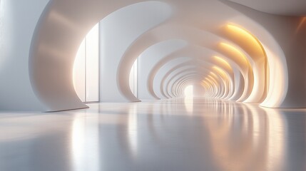 Empty white corridor with archways and bright light at the end.