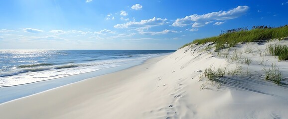 White sand beach with a blue sky and green grass.