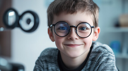 Boy with glasses, smiling, looking into the camera. AI generated illustration.