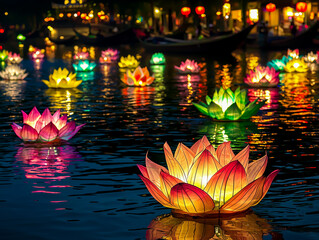 Wall Mural - Loy Krathong festival, People buy flowers and candle to light and float on water to celebrate the Loy Krathong festival in Thailand