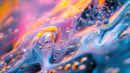 Wall Mural - Abstract Macro Photograph of Colorful Liquid with Bubbles