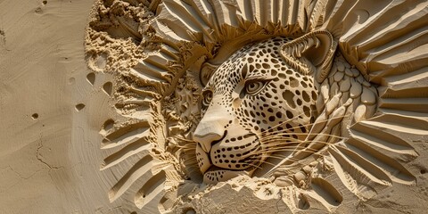 Detailed sand sculpture of a leopard head emerging from a textured background, showcasing intricate craftsmanship at a beach art festival