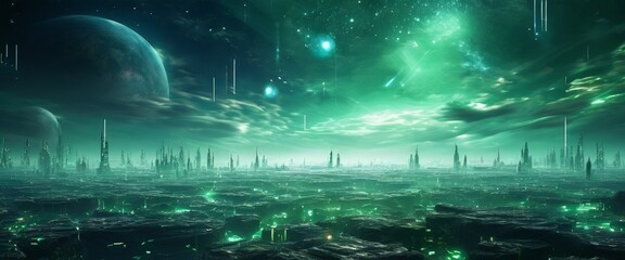 futuristic city with green sky and stars