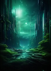 Poster - dark city with green light shining down the middle