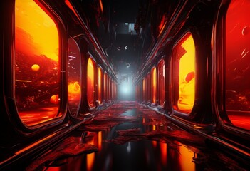 Aufkleber - futuristic corridor with red lights and dark