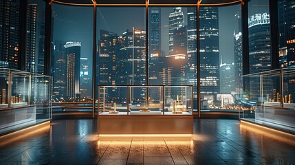 Poster - A glass display case against a backdrop of illuminated skyscrapers, urban and contemporary background, glass display case design. Generative AI.