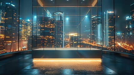 Poster - A glass display case against a backdrop of illuminated skyscrapers, urban and contemporary background, glass display case design. Generative AI.