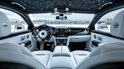 Poster - Grey and white Luxury car interior, modern styling with large screen. Generative AI.
