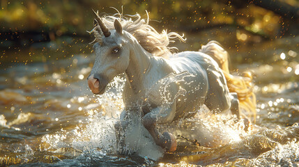 Wall Mural - White Unicorn Running Through Water