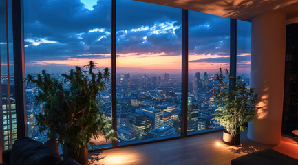 Aufkleber - A luxurious living room in an apartment with large windows overlooking modern city, night skies, cannabis plants in corner, wooden floor and white walls. Generative AI.