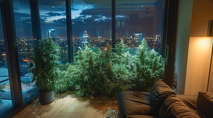 Wall Mural - A luxurious living room in an apartment with large windows overlooking modern city, night skies, cannabis plants in corner, wooden floor and white walls. Generative AI.