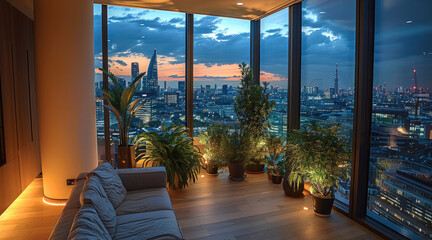 Aufkleber - A luxurious living room in an apartment with large windows overlooking modern city, night skies, cannabis plants in corner, wooden floor and white walls. Generative AI.